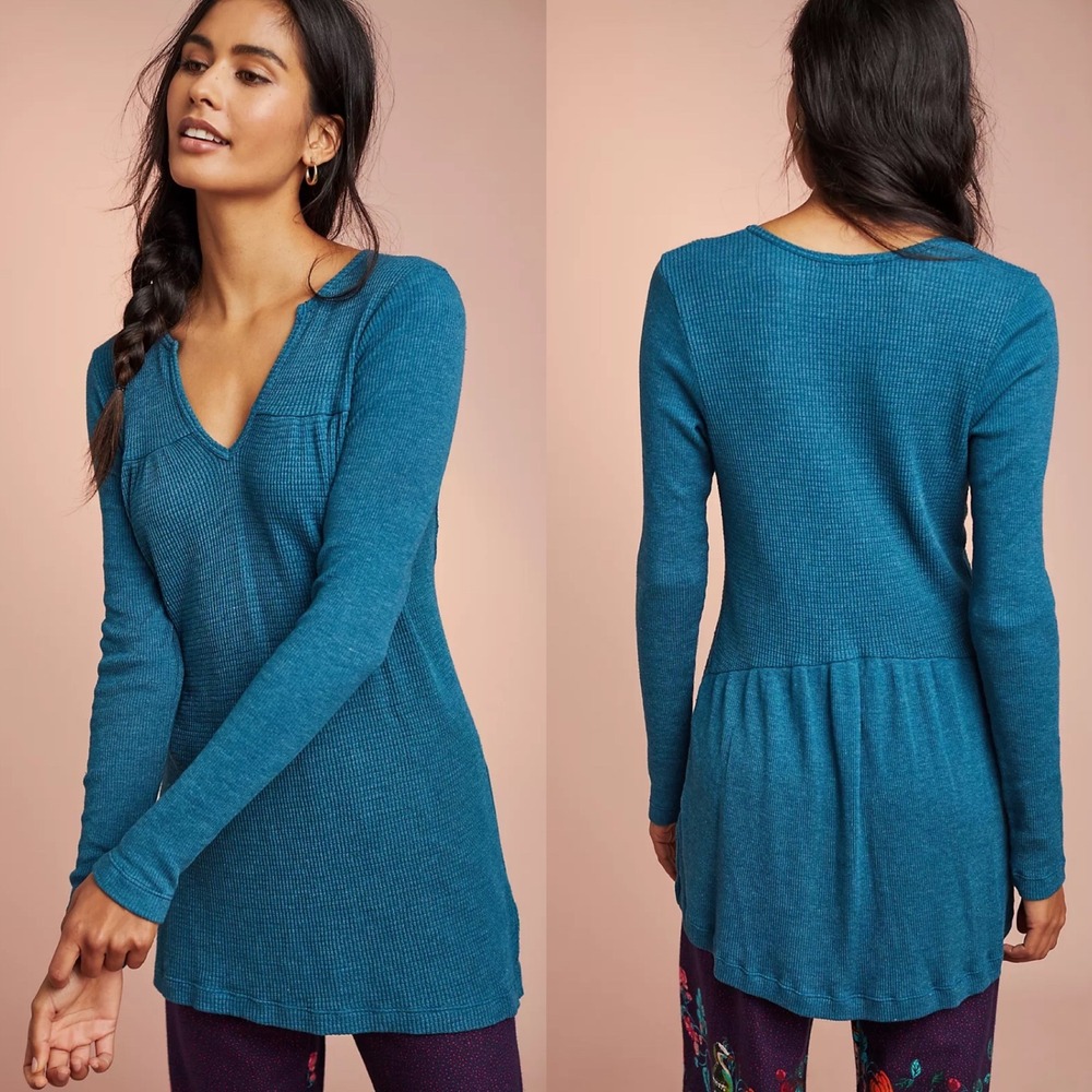 Anthropologie T.La Teal Blue Primary Knit Long Sleeve‎ Tunic Sweater Size Medium